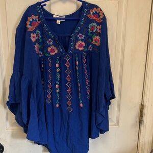 Boho Embroidered Peasant Top - Blue linen cotton blend